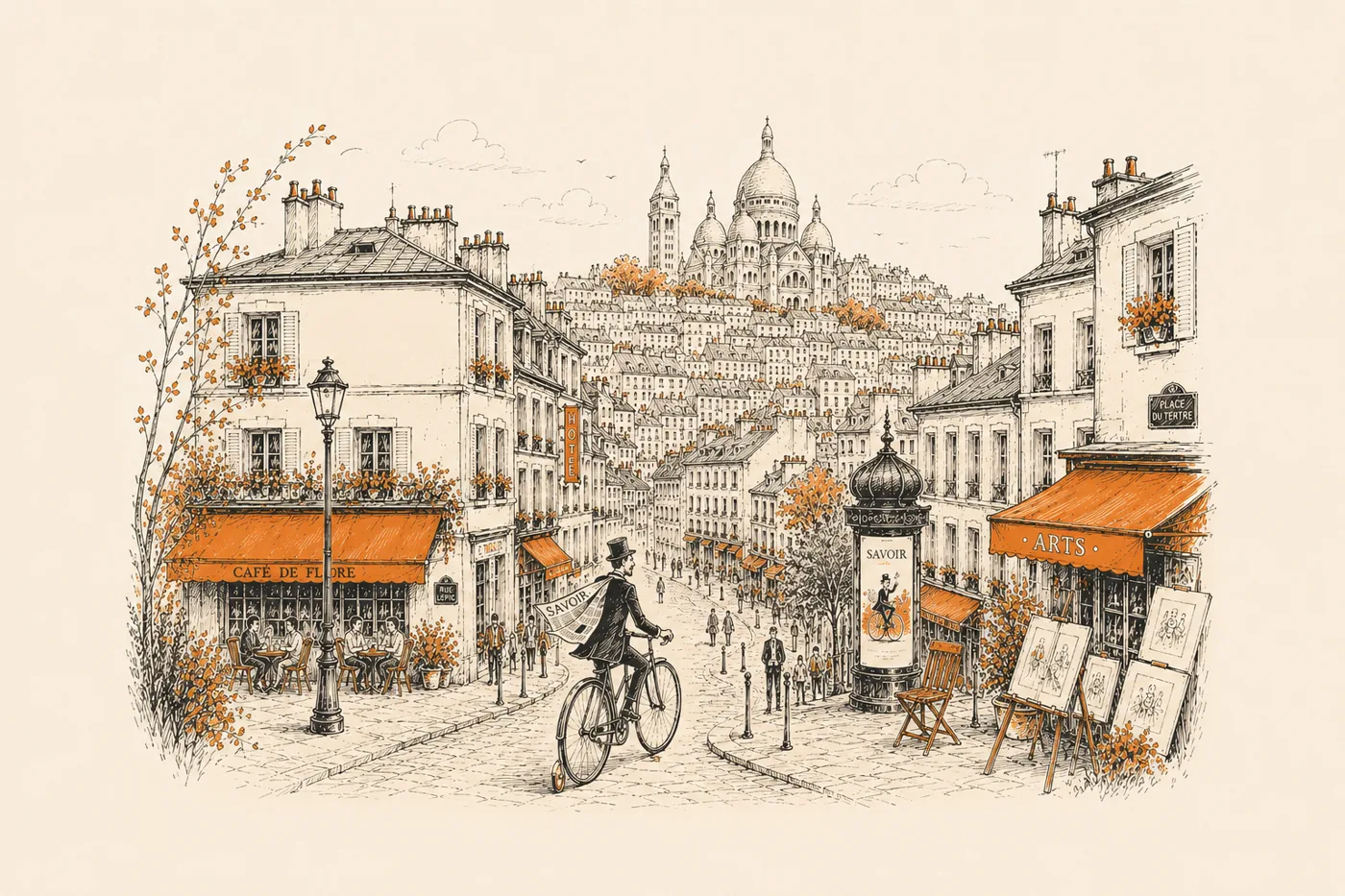 Illustrated Parisian street scene at Montmartre