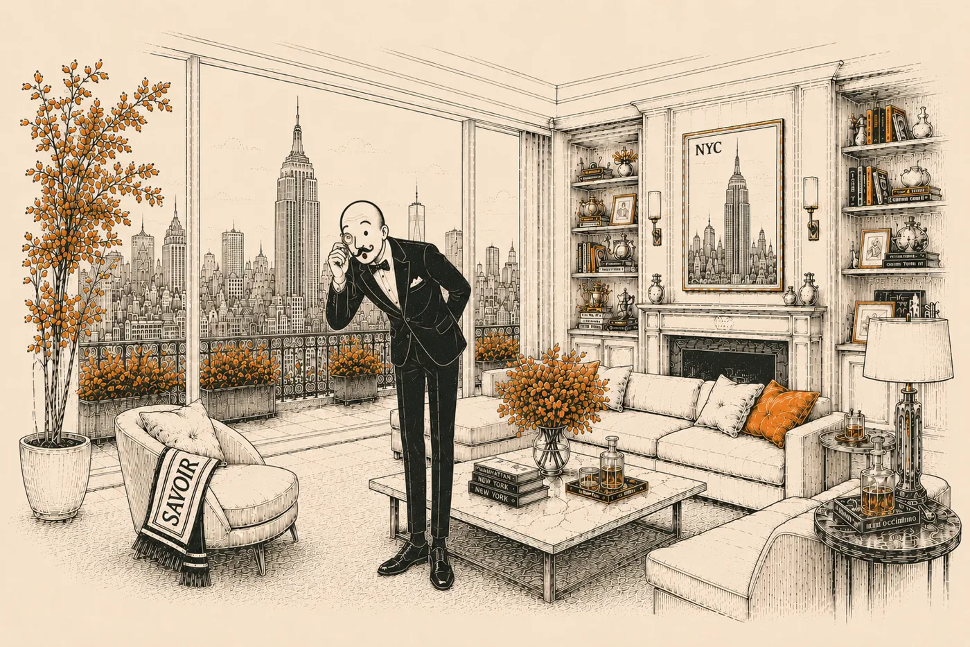 Illustrated Manhattan living room with skyline view